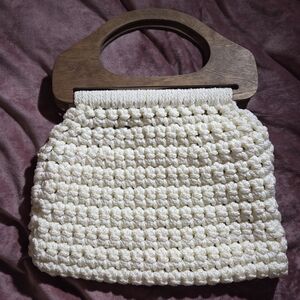 Vintage Macrame Crochet Purse with Wooden Handles